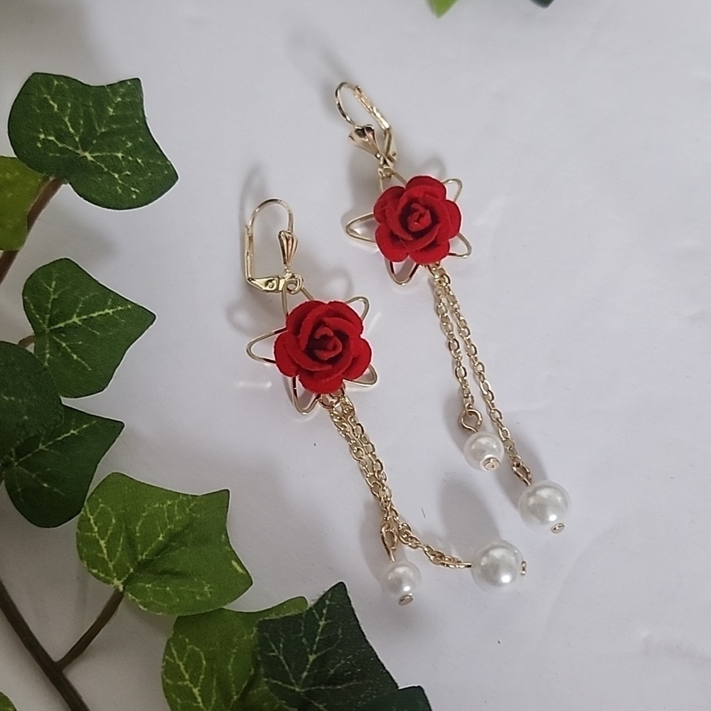 Gold with Velvet Red Rose Flower and Pearls Danglr Drop Earrings